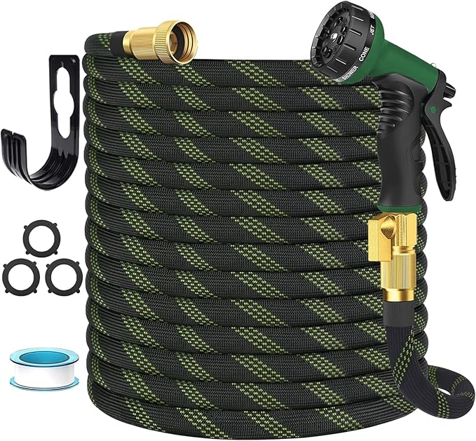 Garden Hose Non-Expandable 25 ft, Lightweight Flexible Water Hose with 10 Function Spray Nozzle, Outdoor Leak Proof, Kink-Free, Portable Hose for Yard, Lawn, Camper, High-Density Fabric, Black Green
