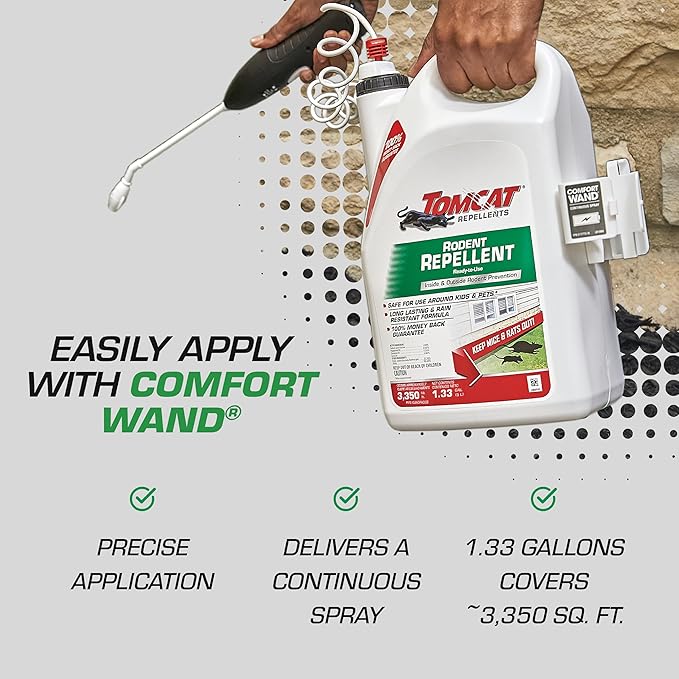 Tomcat Repellents Rodent Repellent Ready-to-Use with Comfort Wand - for Indoor and Outdoor Mouse and Rat Prevention, Peppermint Oil Spray for Rodents with Cinnamon & Garlic Essential Oils, 1.33 gal.