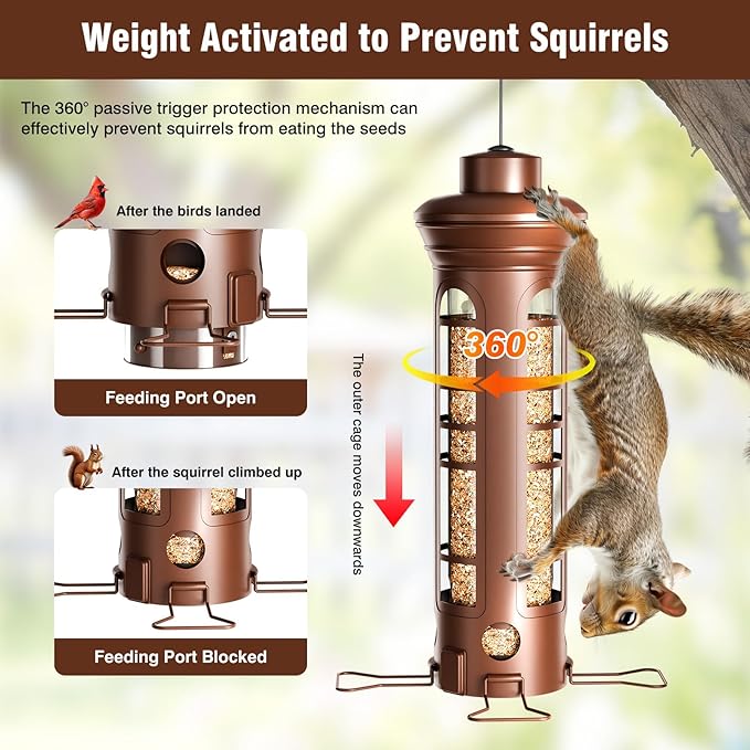 Squirrel Proof Bird Feeder for Outdoors, 360° Weight-Sensitive Activation, Removable Base for Easy Cleaning, 3 Lbs Capacity, 4 Feeding Ports, Tube Metal Bird Feeder for Cardinals, Finches