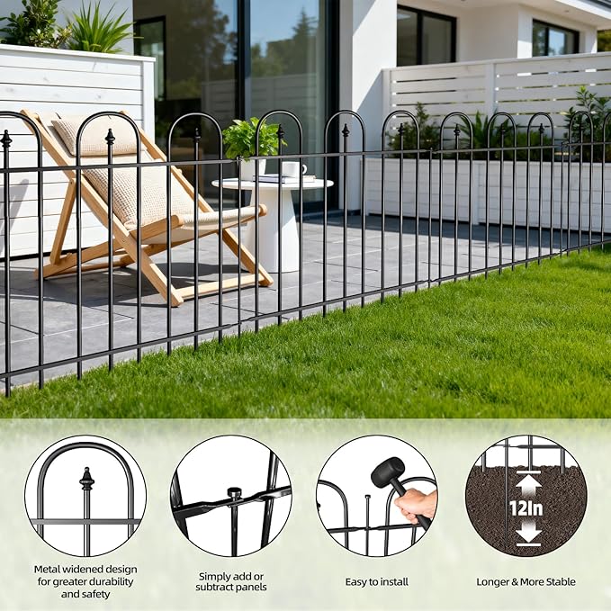 Garden Fence Animal Barrier - 10 Panels, 24 in(H) x 24 ft(L) No Dig Garden Fence, Arched Decorative Garden Fence Border with Ground Stakes, Rustproof Metal Fencing for Yard Patio Dog Rabbit
