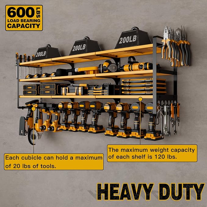 NattyDot 48" Large Power Tools Organizer Wall Mount,12 Drill Holder for Garage, Workshop Heavy Duty Storage Rack (Yellow)