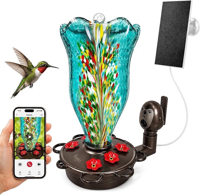 LUJII Smart Hummingbird Feeder with Camera for Outdoor Hanging, Hand Blown Glass, Solar WiFi Feeder with Live View App, 6 Feeding Ports, Leak-Resistant Design, Ant Moat & Gift Box, 32 fl oz, Teal