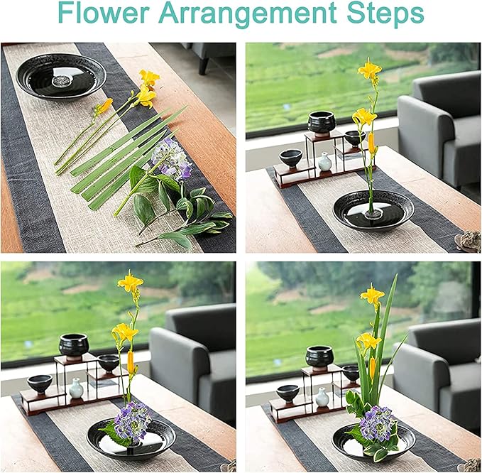 Flower Arrangement Supplies, Deep Round Ceramic Ikebana Flower Vase with 5cm Kenzan Flower Frog for Floral Arrangement Home Decoration, Black Spotted