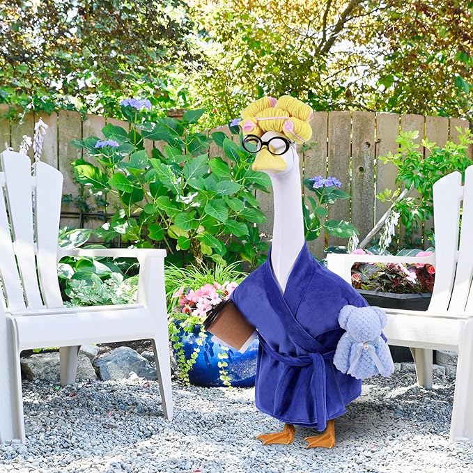 Lady Porch Goose Outfits,Bathrobe Porch Goose Statue Costume with Curlers Reading Glasses Coffee Cup Towel,Cute Goose Clothes for 23-Inch Cement or Plastic Statue,Lawn Yard Garden Patio Decor(Purple)