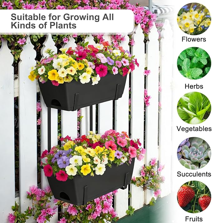 Railing Planter Box 2 Tier Window Boxes Planters Set of 2 with 4 Pack Flower Boxes 16.9 Inch Deck Railing Planter with Adjustable Brackets Black Balcony Fence Hanging Planters for Outdoor Porch Patio