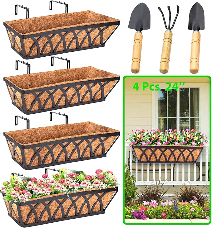 LCHUANG 4 Pack 24 Inch Deck Balcony Railing Planter Window Boxes with Coconut Coir Liner, Fence Metal Hanging Flower Planter Basket for Outdoor Lawn