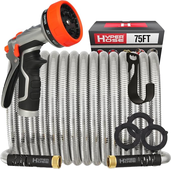 Best 75 ft Metal Garden Hose Set - No-Kink Durable 316 Stainless Steel, 10-Way Zync Spray Nozzle & Hook – Tough Flexible Heavy Duty Water Hoses, 5/8 in, Rust, Weather, LeakProof