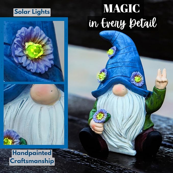 Peace Gnome Garden Statue - Original Design - Blue Peace Gnome Design for Yard, Lawn, Patio, Porch - Garden Decoration - Solar Light - Mom - Grandmother Outdoor Decor & Unique