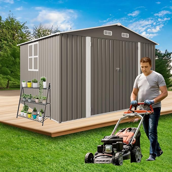 YOPTO 10x8 FT Outdoor Storage Shed,Metal Shed W/Window,Garden Storage Shed W/Lockable Door,All Weather Waterproof Tool House W/ 4 Air Vents & Sloped Roof,for Backyard,Patio,Lawn,Gray