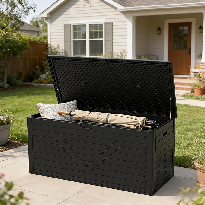 Outdoor Storage Box,260 Gallon Deck Box Outdoor Storage Bench Outside Waterproof Resin Storage Bench, Lockable Patio Cushions, Garden Tools Storage For Furniture, UV Resistant