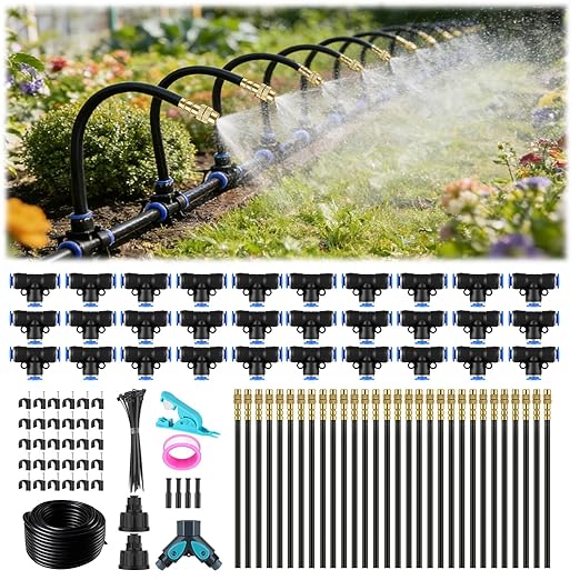 Drip Irrigation System, 100FT 1/4" Garden Watering for Outdoor Plants & Raised Beds, 30pcs Upgraded Brass Nozzles 360° Adjustable Misting Kit, UV-Resistant Tubing for Greenhouse, Lawn & Patio Cooling