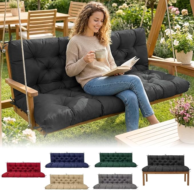 Waterproof Porch Swing Cushions 60 Inch,2 3-Seater Replacement for Outdoor Furniture with Backrest and Straps, Thick 4" Swing Seat Bench Cushion for Loveseat Glider Bench Patio Lawn Backyard