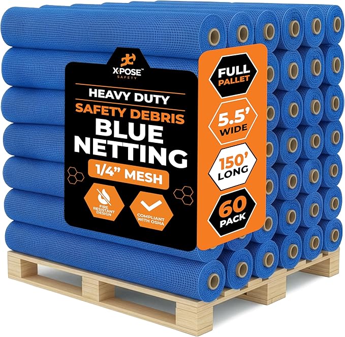 Xpose Safety Construction Safety Netting – 5.5' x 150', 1/4" Mesh Scaffold Safety Net, Temporary Material Roll, Visibility Fence, Heavy-Duty Fire Retardant, Blue (60-Pack)