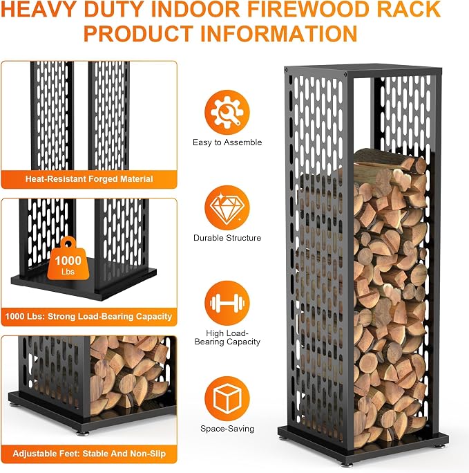 4ft Firewood Rack, Wood Stacker Firewood Outdoor, Black Metal, 1000 lbs Capacity, Indoor Decorative Wood Holder for Woodshed, Storeroom, Patio, Basement (Ellipticalhole)