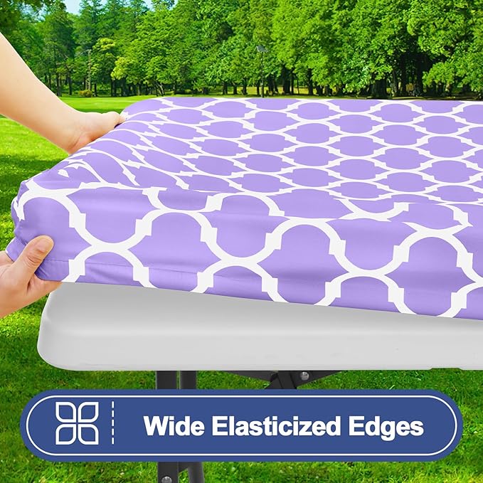 Smiry Picnic Table Cover with Bench Covers, Waterproof Elastic Fitted Tablecloth for 8 Foot Tables, Washable Polyester Tablecloths for Camping, Indoor & Outdoor (Lavender, 30x96 Inch 3-pc Set)