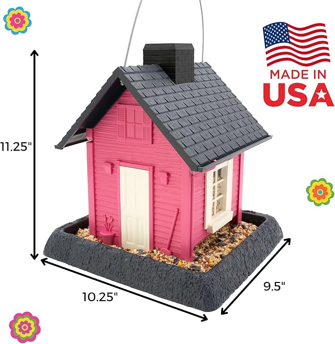 North States Village Collection - Fiesta Pink Cottage Bird Feeder: Hanging Bird Feeder for Outdoors, Holds 5 Pounds of Seed