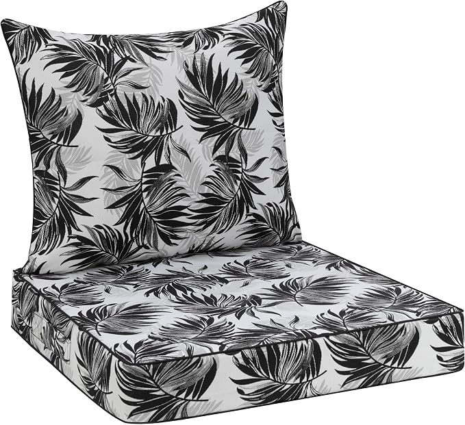 Favoyard Outdoor Seat Cushion 22 x 22 x 3 in Waterproof Pattern Fade Resistant Cover Removable Patio Furniture Cushions Deep Seat & Back Cushion Set with Adjustable Straps for Patio Chair Sofa Couch