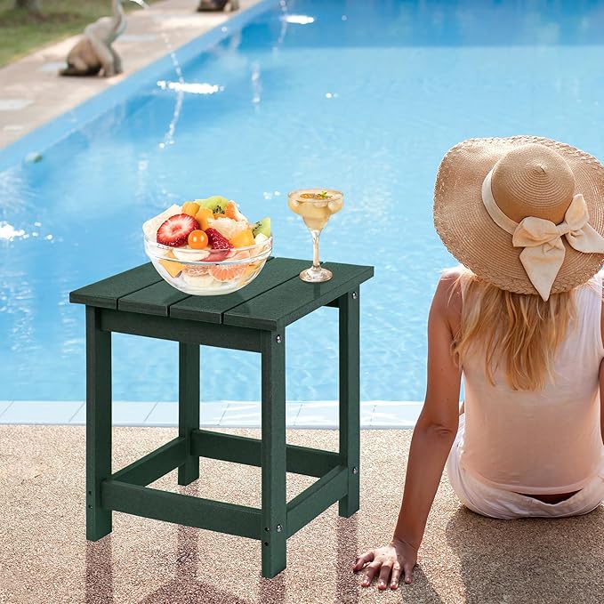 LZRS Square Patio Side Table, Heavy Duty HDPE Outdoor End Table with Wood Texture, Weatherproof Composite Table for Adirondack Chairs, Deck, Pool, Indoor/Outdoor, No Peeling or Cracking(Dark Green)