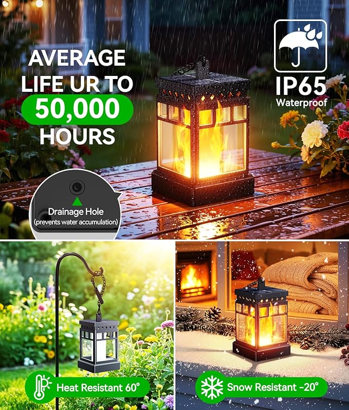 KOOPER Hanging Solar Lanterns Outdoor Waterproof, 4PCS Flickering Flame Hanging Solar Lights for Outside, Outdoor Solar Lanterns up to 12 Hours, Lanterns Decorative for Patio Porch Yard Garden Decor