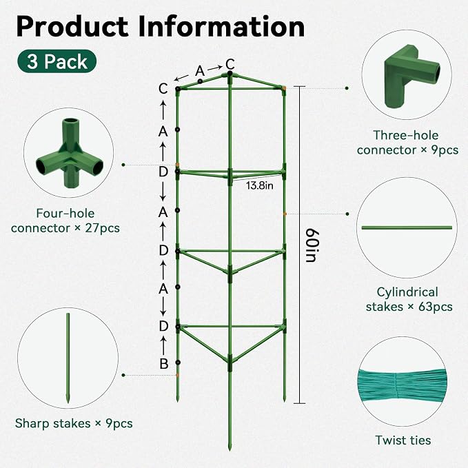 Halatool 3 Pack Tomato Cages for Graden 60 Inch, Adjustable Metal Tall Heavy Duty Tomato Trellis Plant Support, Tomatoes Stakes for Climbing Vegetables Flowers Fruits