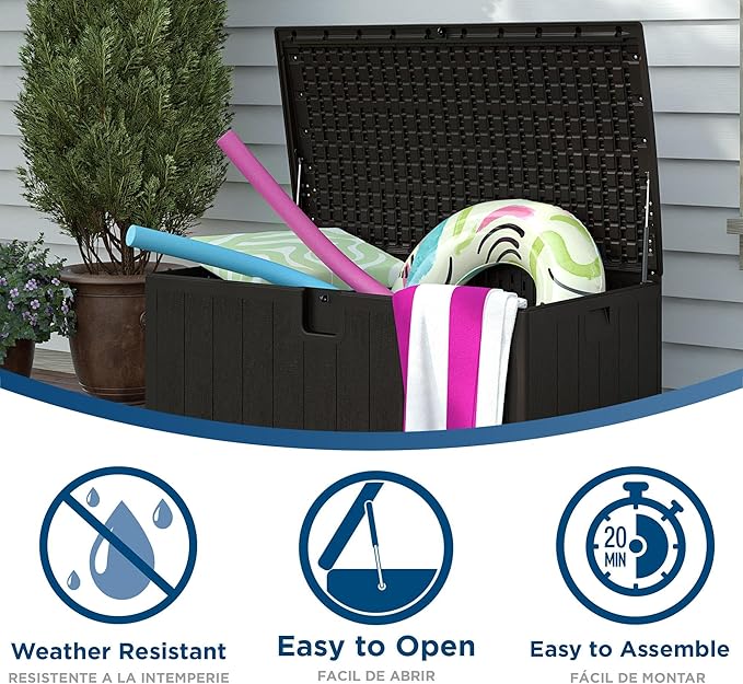 Cosco 130 Gallon Durable Resin Deck Box with Gas Shocks and Adjustable Divider