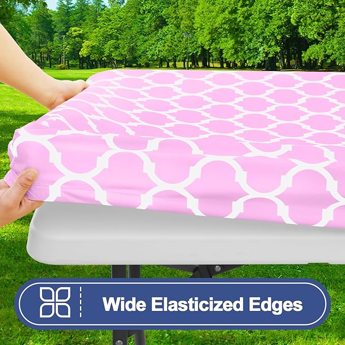 Smiry Picnic Table Cover with Bench Covers, Waterproof Elastic Fitted Tablecloth for 5 Foot Tables, Washable Polyester Tablecloths for Camping, Indoor & Outdoor (Pink, 30x60 Inch 3-pc Set)