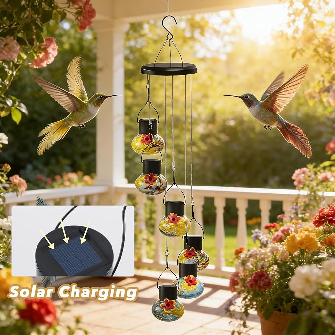 Solar-Powered Hummingbird Feeder with Wind Chime Elegance – 6 Leak-Proof Glass Ports, Frosted Design & Blue Yellow Night Lights – Perfect Outdoor Gift for Nature Enthusiasts