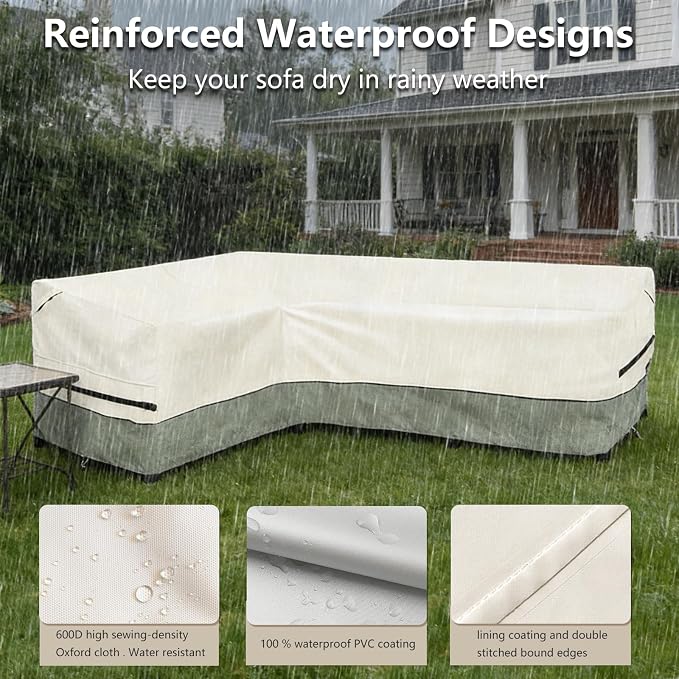 okcool Outdoor Sectional Cover,L-Shaped Patio Furniture Covers for 4-Seater Outdoor Sectional Furniture Couch 58”W (Left Side) x 85”W (Back Length),White&Grayish Green