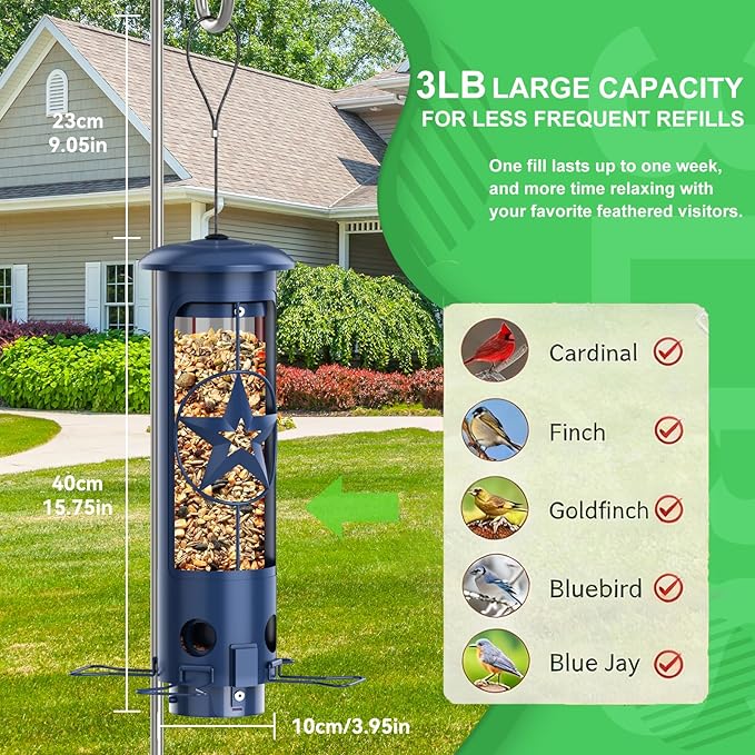 Squirrel Proof Bird Feeders for Outdoors with Weight-Activated, 3LB Large Metal Wild Bird Feeders for Cardinals,Blue Jay,Finch, Weatherproof Durable Tube Hanging Bird Feeder for Backyard,Garden,Patio