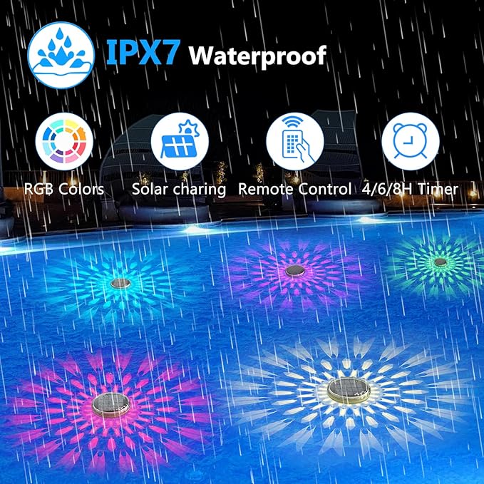 Solar Rechargeable Floating Pool Lights(2 Pack), Pool Lights That Float with Remote Control, 9 Lighting, Timing Mode, IPX7 Waterproof for Inground Pool, Bathroom, Bathtub, Pool Party