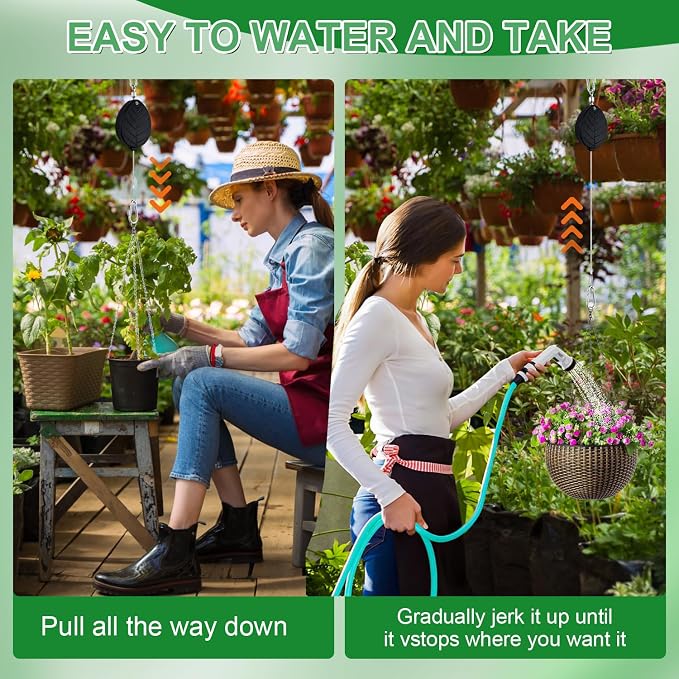 Heavy Duty Retractable Plant Hangers, Adjustable Pull-Down Pulleys with 63" Stainless Steel Rope, Double Hooks for Hanging Plants, Bird Feeders, Planters & Pots, Indoor & Outdoor Use (3Pcs- Black)