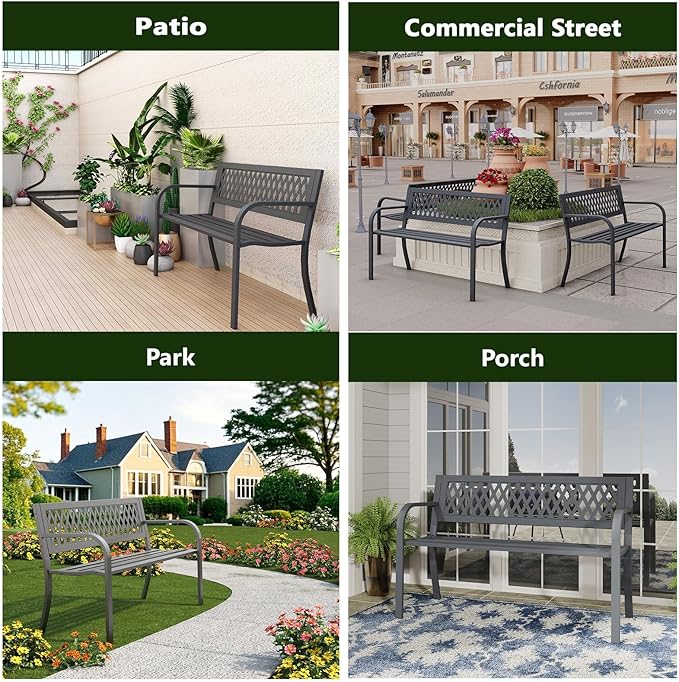 Outdoor Bench, Garden Patio Park Entryway Metal Bench with Comfortable Backrest, Sturdy Heavy Duty Loveseat Front Porch Backyard Lawn Furniture for Outside