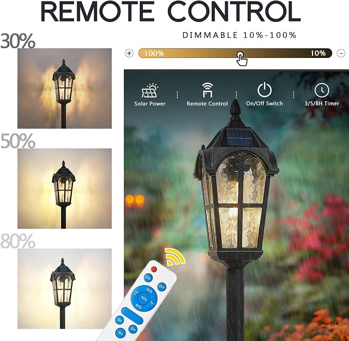 Emliviar Solar Pole Light with Pier Mount Base, Auto On/Off Walkway Lamp in Black Finish, Solar Pathway Light with Water Grain Glass Shade, LED Bulb Included, YXE302PL-SL BK