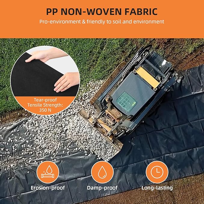 Geotextile Landscape, 3 ft x 100 ft & 8 oz Geotextile Fabric, PP Drainage 350N Tensile Strength & 440N Load Capacity, for Driveway & Road Stabilizationr, Erosion Control, French Drains