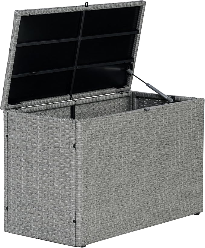 happimess TRK1000A Nino 31.5" Modern Minimalist Outdoor Faux Wicker Deck and Patio Storage Box, Gray, Soft-Close, for Package Delivery, Patio Furniture, Cushions, Gardening Tools, Pool Supplies