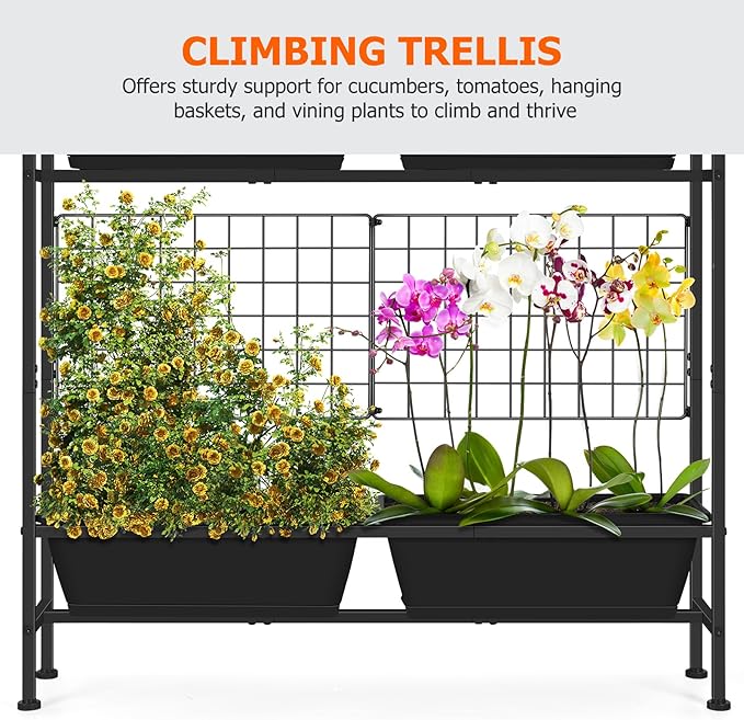 OYEAL Raised Garden Bed 32" Tall Elevated Planter Boxes with Trellis & Legs, Vertical Herb Garden Planter Outdoor for Gardening, Vegetables, Flowers, Herbs, Backyard, Black
