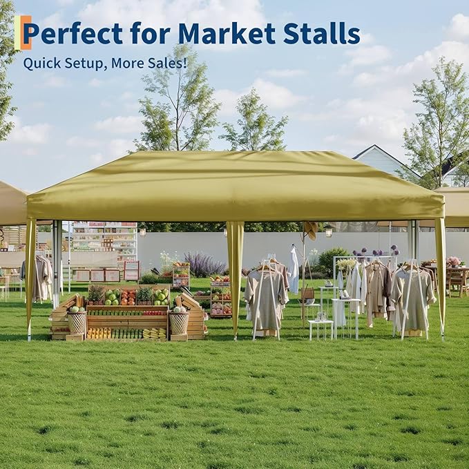 10x20ft Pop Up Canopy Tent, Commercial Heavy-Duty Steel Frame, 210D Oxford Waterproof UV Protection Canopy with 4 Sidewalls, 12 Stakes, 6 Sandbags & Wheeled Bag for Wedding, Camping, Farmers Market