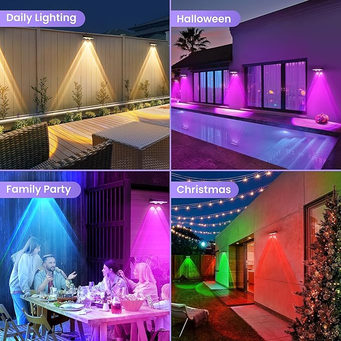 Solar Fence Lights Outdoor 16 Pack - 8 Modes (RGB Cycle/Fixed), Fence Lights Solar Powered for Outside, IP65 Waterproof, Deck Lighting for Wall, Step, Patio, Pathway, Stairs