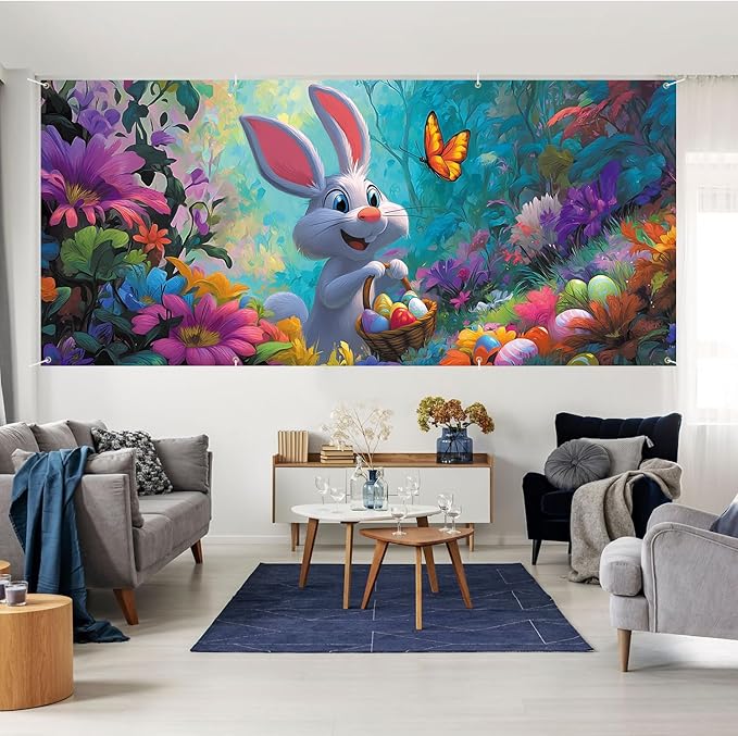 7 * 16FT Summer Garage Door Cover Decorations Sunset Palm Trees Garage Door Banner for Outdoor Indoor Summer Party Photography Backdrop (easter rabbit, 6 * 13 ft)