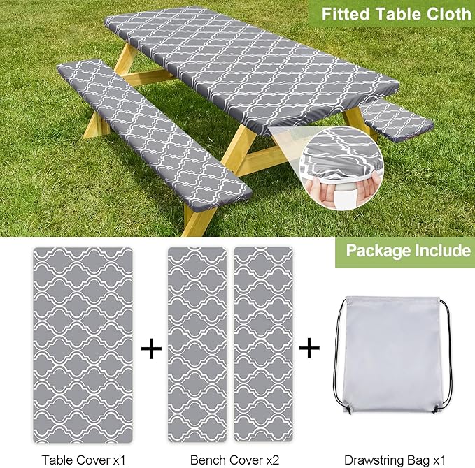 Picnic Table Cover with Bench Covers Camping Essentials Waterproof Windproof Camping Tablecloth with Drawstring Bag, Fitted Rectangle Tables and Seats, 96in, Grey