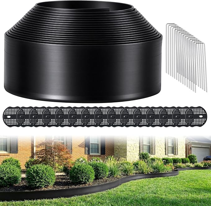 4 Inch Tall No Dig Landscape Edging, 40FT Heavy Duty Plastic Garden Border Kit with 45 Metal Stakes, Durable All-Weather Flexible Barrier for Lawns, Flower Beds, Paver, Pathwa & Patio