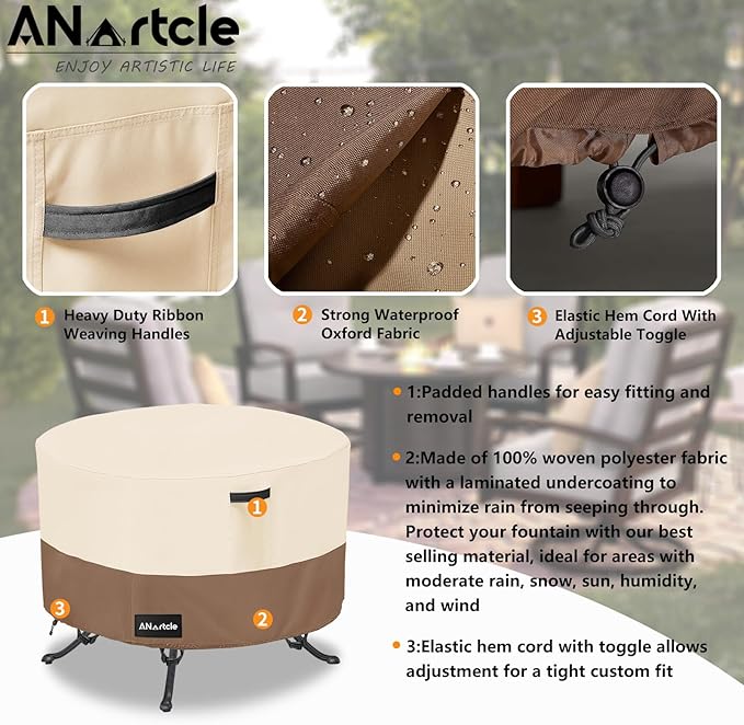 ANartcle Round Patio Table Covers 50inch,100% Waterproof 600D Heavy Duty PatioTable Cover,Round Patio Table Covers for Outdoor Furniture,50"DIA x 23"H,Beige&brown.