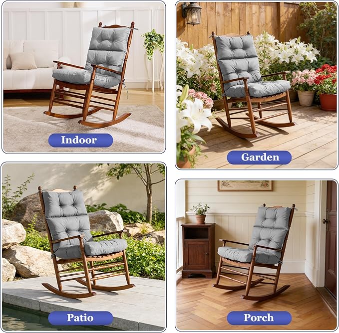 Rocking Chair Cushion, Waterproof and Fade-Resistant Adirondack Rocker Cushions, Indoor/Outdoor Rocking Chair Pads, High Back Memory Foam Patio Furniture Cushions with Ties, 44x23x4 Inch, Light Grey