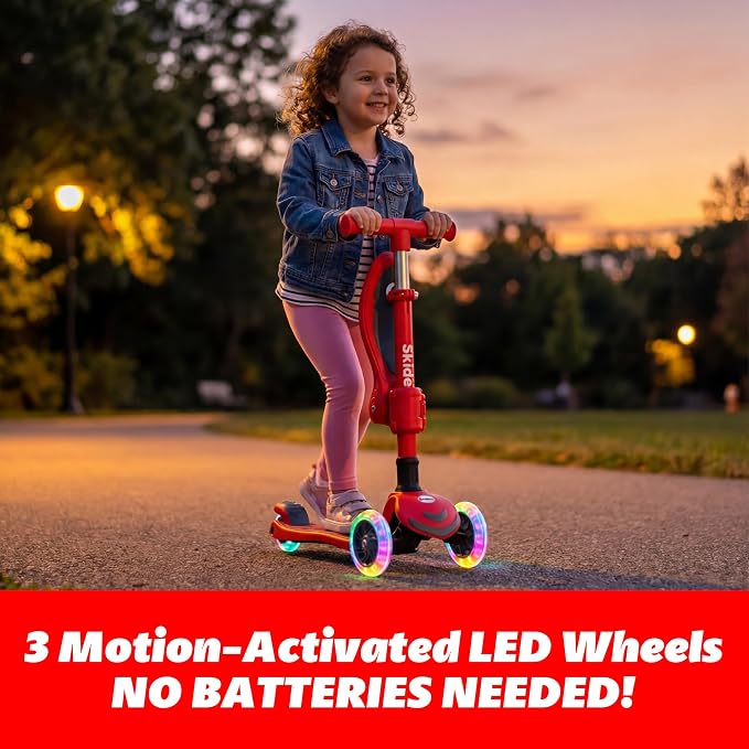 SKIDEE Kick Scooter for Kids Ages 3-5 | Foldable 3 Wheel Scooter with Lean-to-Steer, Adjustable Height, Removable Seat & LED Light Wheels | Toddler Scooter Up to 12 Year Old Boys/Girls