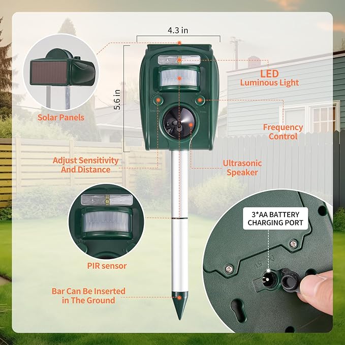Upgraded Solar Ultrasonic Squirrel Deer Repellent Devices Motion Detection 5 Adjustable Modes, Cat Raccoon Rabbit Dog Deterrent, Animal Repellent with Waterproof for Yard, 1P Dark Green