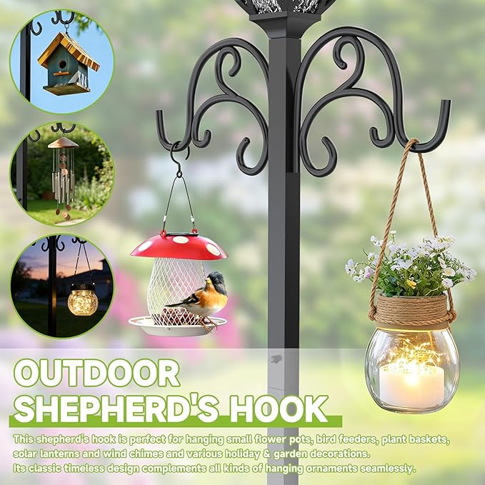 New Upgraded 3-in-1 Garden Hose Holder with Solar Light & Shepherds Hooks | Stores 160" Hose, Freestanding with Double Hooks for Hanging Decor - Perfect for Outdoor Yard, Lawn & Patio at Night