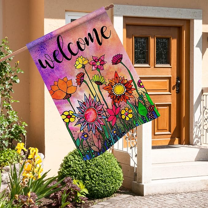Hzppyz Welcome Spring Summer Watercolor House Flag Double Sided, Flowers Decorative Garden Yard Lawn Outdoor Large Burlap Flag Vintage Sunflower Decor Farmhouse Seasonal Outside Decorations 28 x 40