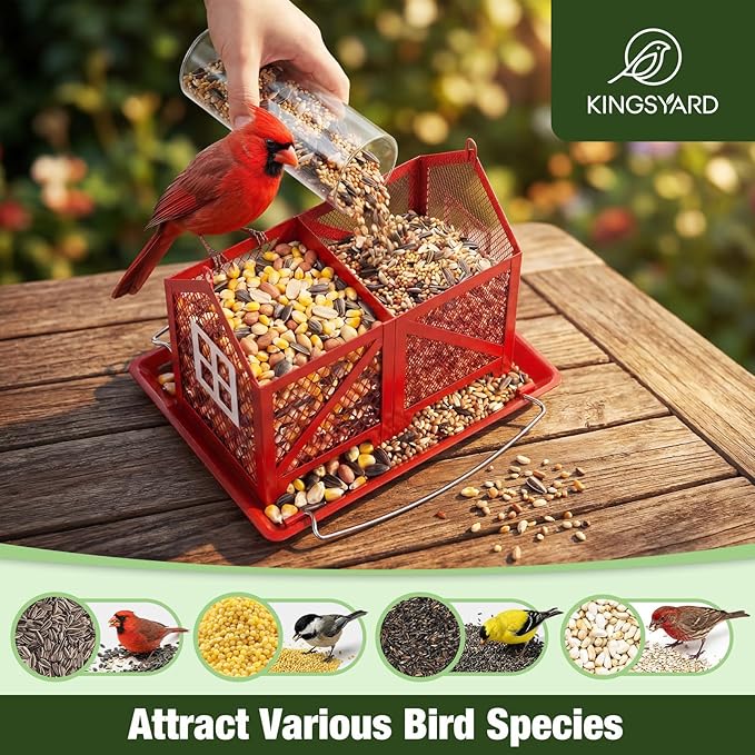 Kingsyard Metal Bird Feeder for Outdoors Hanging, 2-in-1 Wild Bird Feeder with Seed Tray & Built-in Perch, 5 lb Large Capacity for Cardinal Chickadee Finch, Red