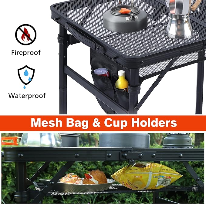 JOUYEK Camping Table, 2x1.3 FT Portable Folding Grill Table, Lightweight Height Adjustable Metal Tables with Mesh Desktop and Mesh Bag, Outdoor Tables for Camping, Picnic, Beach and BBQ, Black