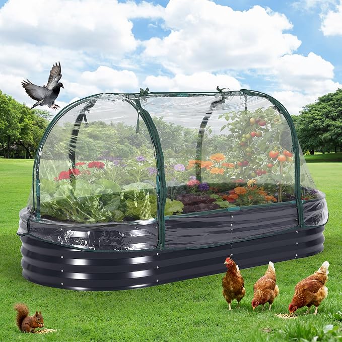 Garvee Large Oval Galvanized Raised Garden Bed Kit with Cover Zippered Screen Doors, Open Base Design, Thick Steel, Easy Assembly, Planter Box for Vegetables, Flowers